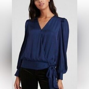 Banana Republic Medium Tall Satin Wrap Top Navy Sash Waist Puff sleeve